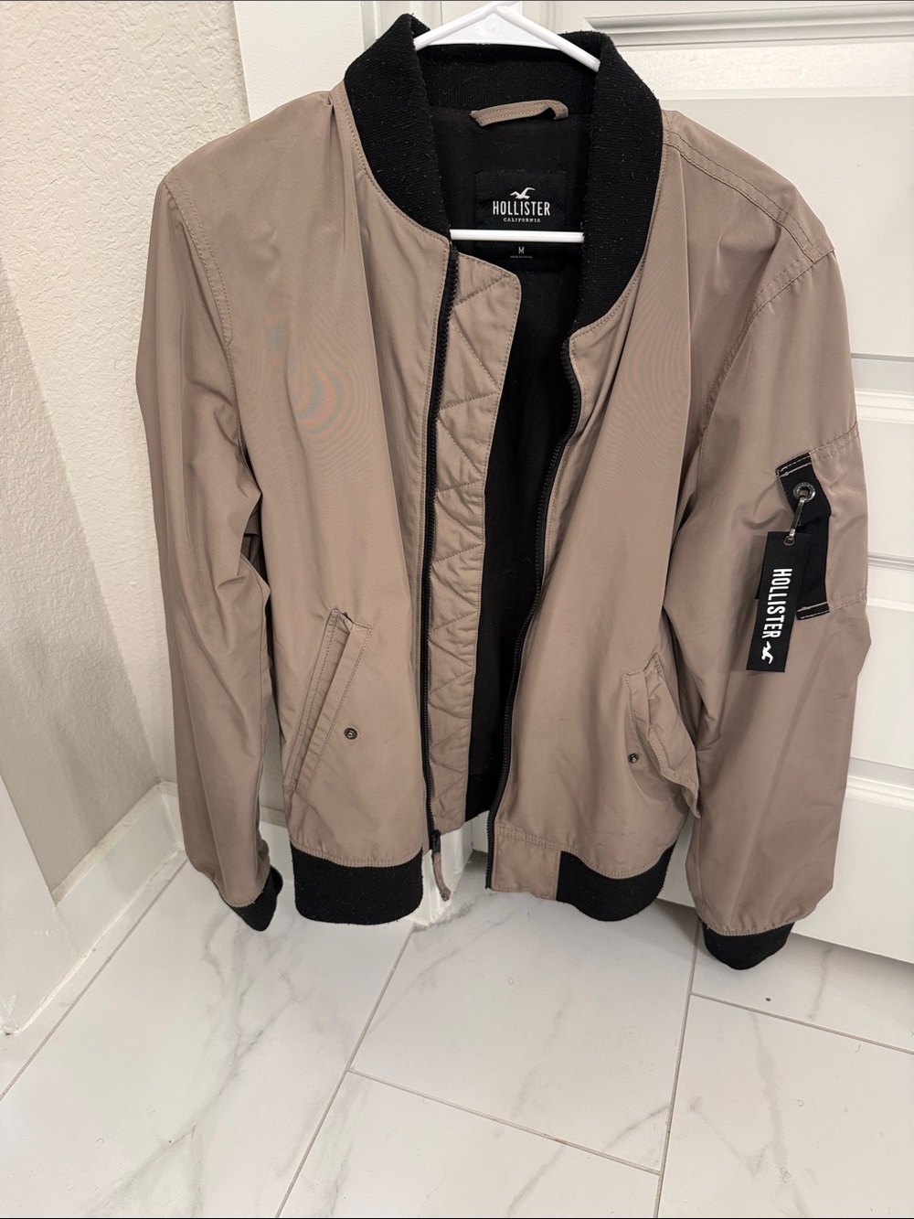 Hollister Taupe Bomber Jacket with Black Trim